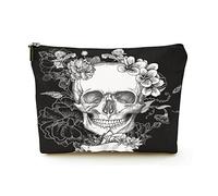 Stylish Makeup Bag Women Linen Travel Cosmetic Bags Durable Makeup Organizer Bag,Skull and Flowers Day of The Dead, for Women/Men