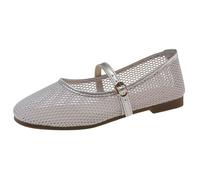 Stylish mesh ballet flats for women, elegant summer shoes with flat sole, adjustable buckle for a secure hold, perfect city walks, casual meetings, light and comfortable, silver, 6 UK