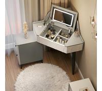 Stylish Modern Corner Vanity Table with LED Mirror Ergonomic Makeup Desk Large Drawer & Side StorageIdeal for Small Spaces 2 Chair Options Grey Finish