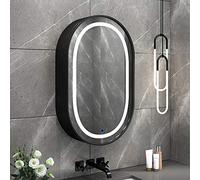 Stylish Modern LED Bathroom Mirror CabinetOval WallMounted Storage with Gold Finish Mirrored Doors SpaceSaving Cupboard for Elegant Home Decor 80H x 50W (Black)