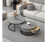 Stylish Modern Round Coffee Table Set of 2 with Drawer Storage - Slate Marble Texture & Metal Frame - Contemporary Nesting Side & Sofa Tables for Living Room Bedroom Tea & Accent Use