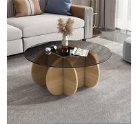Stylish Modern Round Coffee Table with Solid Wood Base Clear Tempered Glass Top 80x40cm (31x16inch) Perfect for Living Room or Patio - Chic White & Pink Design