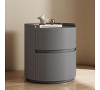 Stylish Modern Round Nightstand - Saddle Leather Minimalist Design, Solid Wood Bedroom Storage, Contemporary Medium Gray Night Table for Elegant Interiors