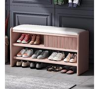 Stylish Modern Wooden Shoe Storage Bench with Leather CushionUpholstered Entryway Shoe Cabinet for HallwayFur Pink & White Seat 39x12x18 inches (100x30x45cm)