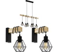 Multi Bulb Ceiling Pendant Light & 2x Matching Wall Lights Black Cage & Wood
