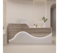 Stylish Natural Salon Reception Desk with Drawers Modern Receptionist Counter Table Office Front Desk with Storage &Lighting for Small Business Use