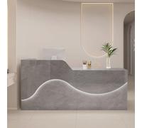 Stylish Natural Salon Reception Desk with Storage Drawers Modern Receptionist Counter Table Front Desk withLight Strips for Small Businesses