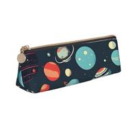 Stylish Outer Space Planet Print Leather Pencil Case Zippered Organizer for Pens Markers Small Stationery