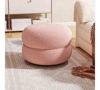 Stylish Pink Upholstered Ottoman Stool - Soft Round Makeup Stool & Compact Living Room Footrest Boucle Design Padded Comfort 35x35x22 cm - Versatile Furniture