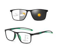 Stylish Progressive Multifocal Photochromic Reading Glasses for Men Women, TR90 Flexible Frame Eyeglasses(Black/Green,2.0 x)