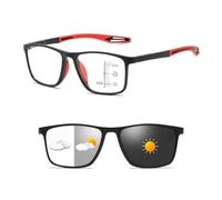 Stylish Progressive Multifocal Photochromic Reading Glasses for Men Women, TR90 Flexible Frame Eyeglasses(Black/Red,3.5 x)