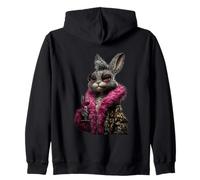Stylish Rabbit Portrait Fashion Bunny Red Wine Graphic Round Zip Hoodie