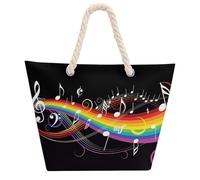 Stylish Rainbow Musical Note Melody Hemp Rope Tote Bag for Women Water-resistant Large Capacity Beach Bag Reusable Shopping Handbag for Daily Travel Work Swimming Pool Use