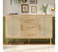 Stylish Rattan Storage Cabinet with 2 Doors & 3 Drawers Adjustable Shelves Metal Handles Anti-Tip Design Oak Finish Sideboard for Living Room Bedroom Hallway - 120x40x74 cm