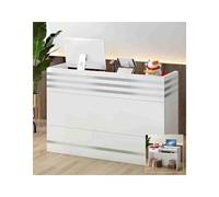 Stylish Reception Desk - Rectangular Front Office Counter Table for Retail Beauty Salon & Lobby - Elegant Oak & Gold Design - Versatile Commercial Sales Desk