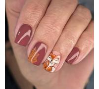 Stylish Red Brown Pattern With Maple Designs Durability Artificial nails For Women