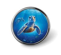 Stylish Round Badge Turtle in Blue Water Printed 1 Inch - Aluminum Alloy Lapel Pin with Heat Transfer Art, Lightweight Metal Pin for Shirts, Jackets, Unique Gifts
