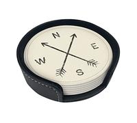 Stylish Round Leather Compass Coasters (Set Of 6) - Premium Pu Leather Drink Mats