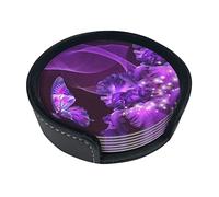 Stylish Round Leather Purple Butterfly Coasters (Set Of 6) - Premium Pu Leather Drink Mats Drinkcoaster
