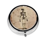 Stylish Round Pill Case Fun Human Skeleton Metal Pill Box 3 Compartment Medicine Pill Case Holder, Portable Pill Organizer Dispense Box, Travel Small Pill Box for Purse & Pocket