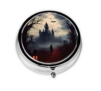 Stylish Round Pill Case Gloomy and Witch Metal Pill Box 3 Compartment Medicine Pill Case Holder, Portable Pill Organizer Dispense Box, Travel Small Pill Box for Purse & Pocket