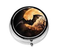 Stylish Round Pill Case Halloween Bat Metal Pill Box 3 Compartment Medicine Pill Case Holder, Portable Pill Organizer Dispense Box, Travel Small Pill Box for Purse & Pocket