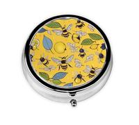 Stylish Round Pill Case Yellow Lemon and Bee Metal Pill Box 3 Compartment Medicine Pill Case Holder, Portable Pill Organizer Dispense Box, Travel Small Pill Box for Purse & Pocket