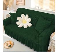 Stylish Seersucker Sofa Slipcovers Ruffle Skirt Sofa Slipcovers - Elastic Non-Slip Base - Modern Country Furniture Protector for 3-Seater Sofa（Dark Green,4 seaters (235-300cm)