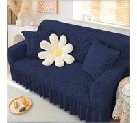 Stylish Seersucker Sofa Slipcovers Ruffle Skirt Sofa Slipcovers - Elastic Non-Slip Base - Modern Country Furniture Protector for 3-Seater Sofa（Navy Blue,4 seaters (235-300cm)