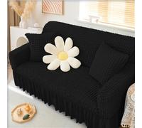Stylish Seersucker Sofa Slipcovers Ruffle Skirt Sofa Slipcovers - Elastic Non-Slip Base - Modern Country Furniture Protector for 3-Seater Sofa（Black,5 seaters (305-360cm)