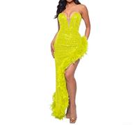 Stylish Sequined Strapless Dress with Feather Details, High Side Split Design for Party and Club (L Yellow)