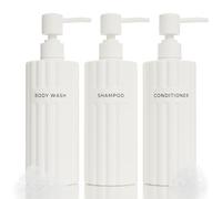Stylish Shampoo and Conditioner Dispenser Set of 3 - Modern 19oz Shower Soap Bottles with Pump and Labels - Easy to Refill Body Wash Dispensers for an Instant Bathroom Decor Upgrade