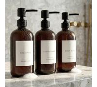 Stylish Shampoo and Conditioner Dispenser Set of 3 - Modern 21oz Shower Soap Bottles with Pump and Labels - Easy to Refill Body Wash Dispensers for an Instant Bathroom Decor Upgrade