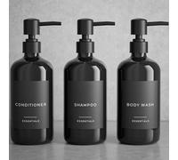 Stylish Shampoo and Conditioner Dispenser Set of 3 - Modern 21oz Shower Soap Bottles with Pump and Labels - Easy to Refill Body Wash Dispensers for an Instant Bathroom Decor Upgrade - Black
