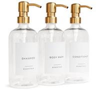Stylish Shampoo and Conditioner Dispenser Set of 3 - Modern 21oz Shower Soap Bottles with Pump and Labels - Easy to Refill Body Wash Dispensers for an Instant Bathroom Decor Upgrade