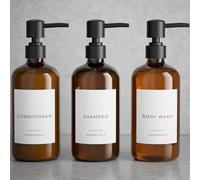 Stylish Shampoo and Conditioner Dispenser, Set of 3, Modern 600ml Shower Soap, PET Bottles with Pump and Labels, Easy to Fill Shower Wash Dispenser for Instant