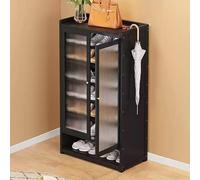 Stylish Slim Rattan Shoe Cabinet - 2-Door Wooden Shoe Storage for Hallway & Bedroom Space-Saving Design 59x32x110cm Elegant Black Finish Modern Home nizer
