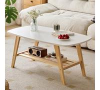 Stylish Solid Wood 2Tier Coffee Table with Rounded Corners Open Storage Shelf Low Profile Design for Living Room & Office Modern White Finish (47x22x18in)