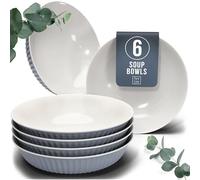 Stylish Soup Plate Set Hygge Series - Premium Stoneware, Scratch Resistant, Dishwasher and Microwave Safe - Stylish Deep Plate Set for 6, Large Deep Pasta Plates - Grooved Deep Plates in Grey-Blue