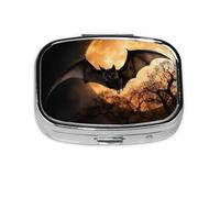 Stylish Square Pill Case Halloween Bat Metal Pill Box 2 Compartment Medicine Pill Case Holder, Portable Pill Organizer Dispense Box, Travel Small Pill Box for Purse & Pocket