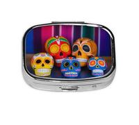 Stylish Square Pill Case Mexican Skull Metal Pill Box 3 Compartment Medicine Pill Case Holder, Portable Pill Organizer Dispense Box, Travel Small Pill Box for Purse & Pocket