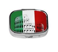 Stylish Square Pill Case Roman Colosseum Italian Flag Metal Pill Box 2 Compartment Medicine Pill Case Holder, Portable Pill Organizer Dispense Box, Travel Small Pill Box for Purse & Pocket