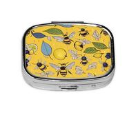 Stylish Square Pill Case Yellow Lemon and Bee Metal Pill Box 2 Compartment Medicine Pill Case Holder, Portable Pill Organizer Dispense Box, Travel Small Pill Box for Purse & Pocket