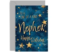 Stylish Star Sky Birthday Card for Nephew - One of a Kind Nephew Birthday Wishes Greeting Card for Men - Navy and Gold Star Design - Contemporary Traditional Birthday Cards