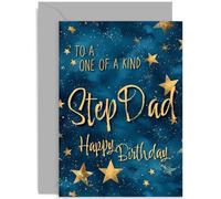Stylish Star Sky Birthday Card for Step Dad - One of a Kind Stepdad Birthday Wishes Greeting Card for Men - Navy and Gold Star Design - Contemporary Traditional Birthday Cards