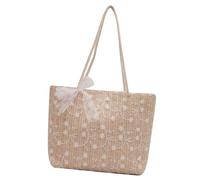 Stylish Straw Woven Handbag With Lace Overlay Spacious Carryall Flower Embroidery Shoulder Bag For Holiday Essential Straw Handbag