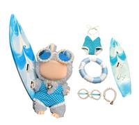 Stylish Summer Beach Clothes Set Suitable for 17cm/15cm Labubu - Fashion Outfit(Doll Not Included) (Blue Swimsuit+Surfboard+Swim Ring+Necklace+Glasses)
