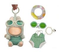 Stylish Summer Beach Clothes Set Suitable for 17cm/15cm Labubu - Fashion Outfit(Doll Not Included) (Green Swimsuit+Swim Ring+Necklace+Glasses)