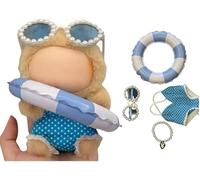 Stylish Summer Beach Clothes Set Suitable for Labubu 17cm/15cm - Fashion Outfit(Doll Not Included) (Blue Swimsuit+Swim Ring+Necklace+Glasses)