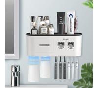 Stylish Toothbrush Organizer, Wall Mount-No Trace with Magnetic Cup for Quick Drainage, Black, Automatic Toothpaste Dispenser Set and ABS Material, La